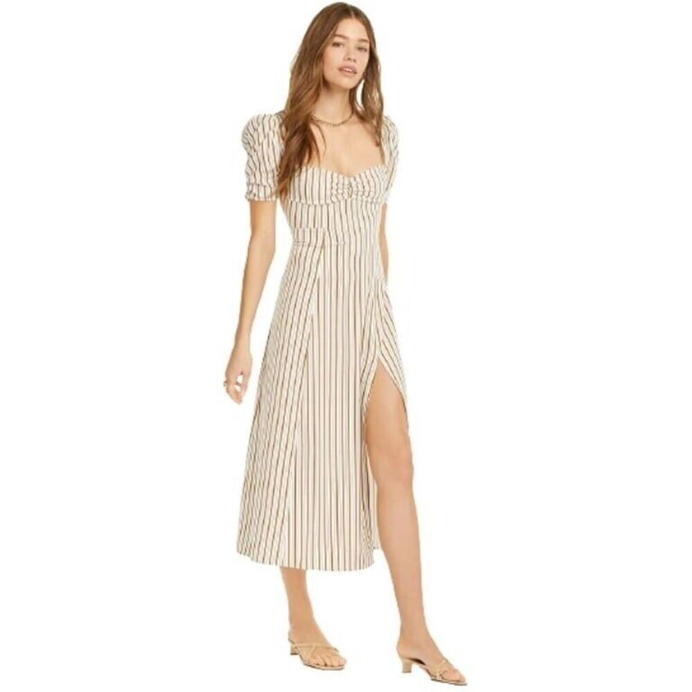 Danielle Bernstein White Stripe Puff Sleeve Square Neck Midi Dress Size 4